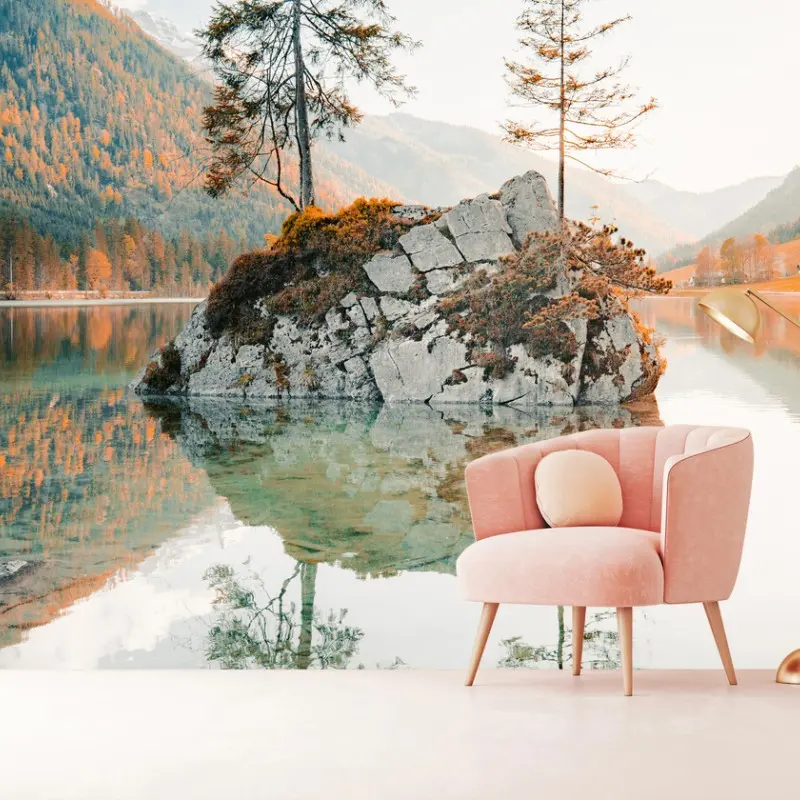 Fototapete sonnenbeleuchtete felsinsel am Hintersee