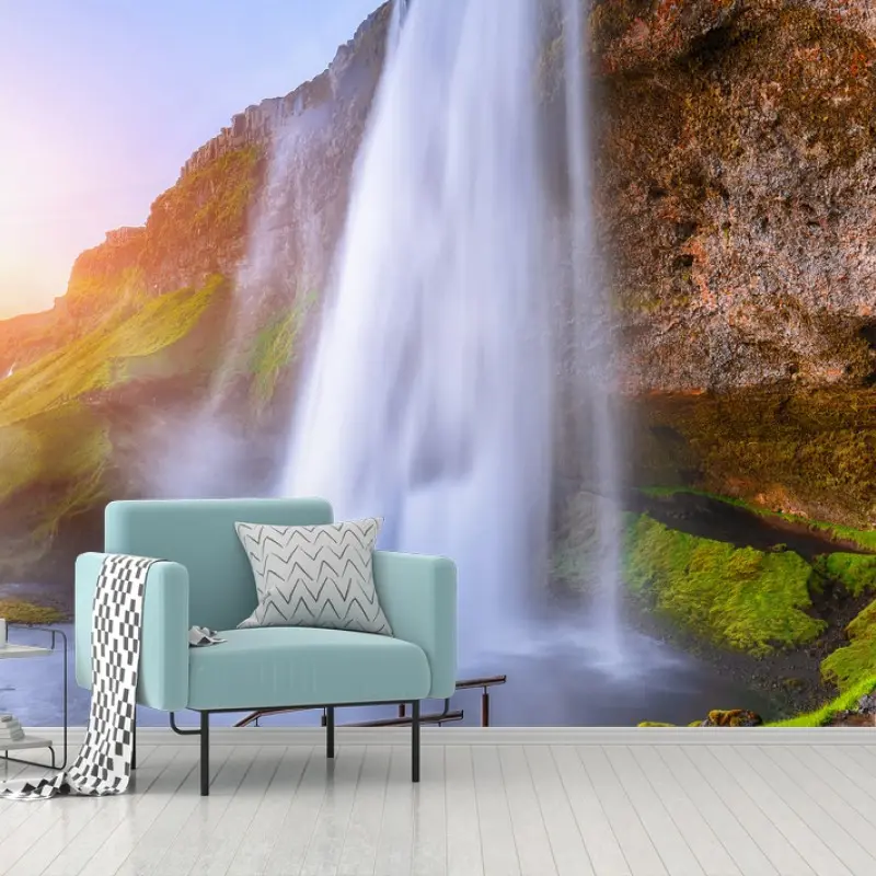 Fototapete Seljalandsfoss wasserfall im sonnenuntergang