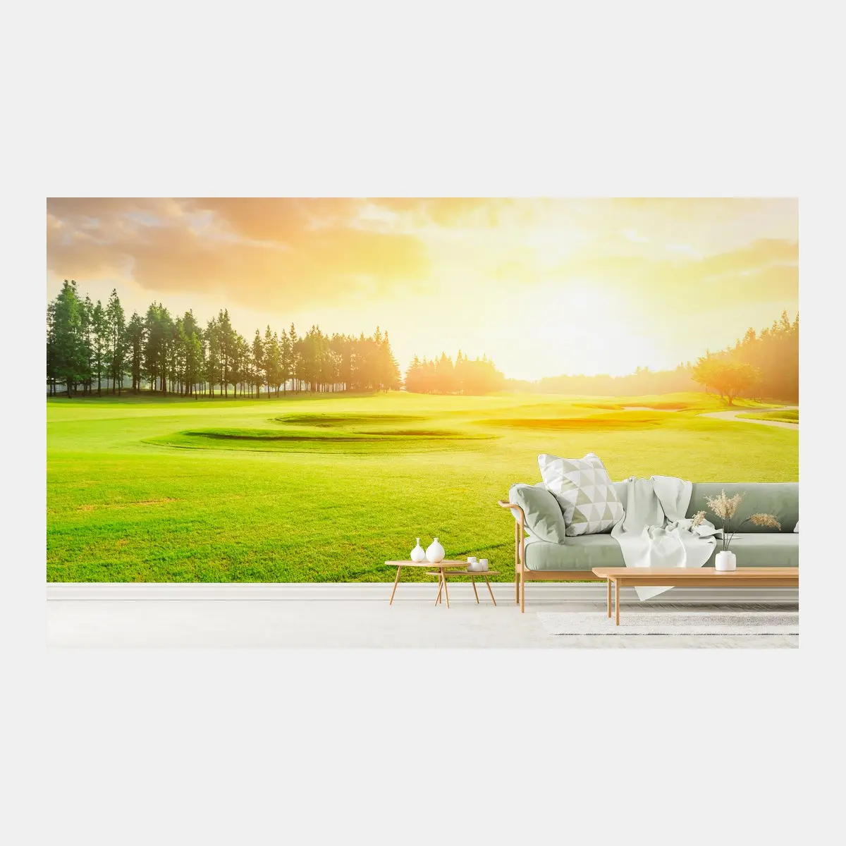 Fototapete sonnenbeschienene wiese und wald bei sonnenaufgang – Pixers®