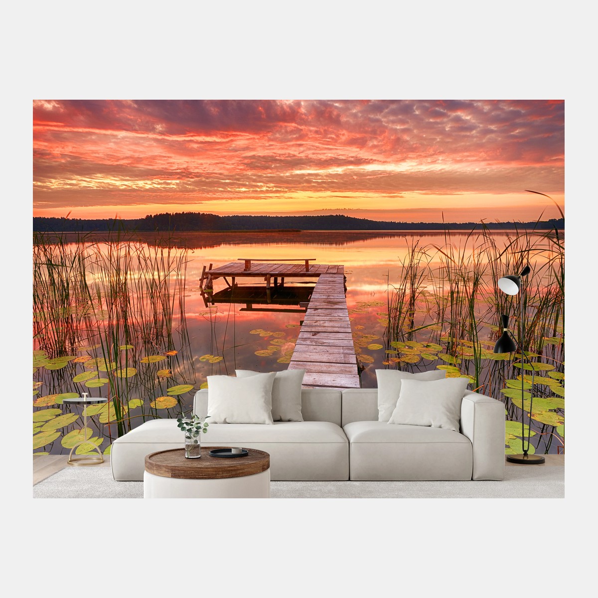 Fototapete sonnenaufgang über ruhigem see mit steg – Pixers®