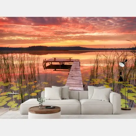 Fototapete sonnenaufgang über ruhigem see mit steg – Pixers®