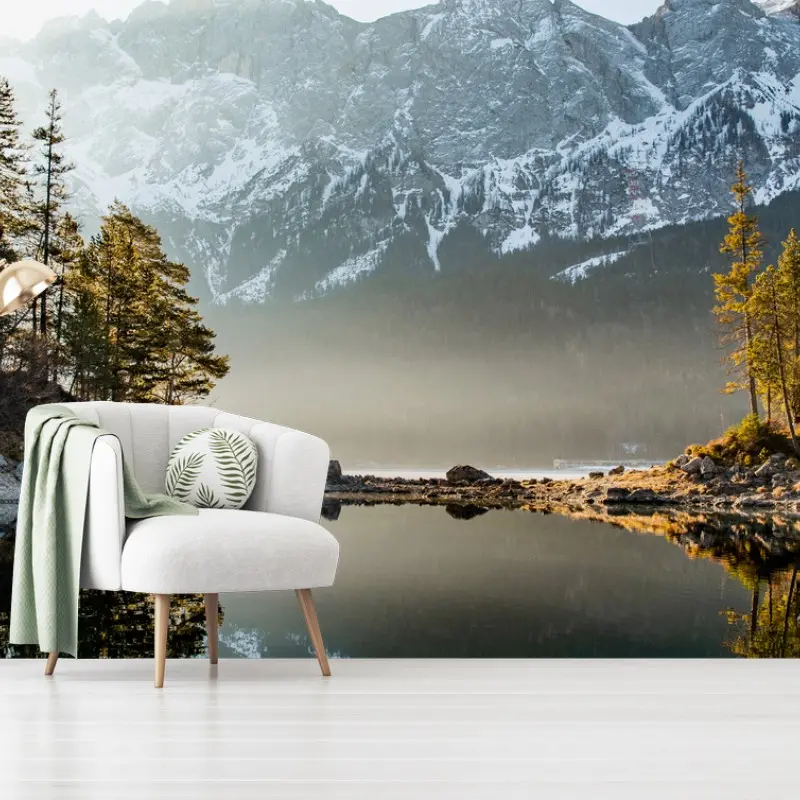 Fototapete bergsee spiegelung bei sonnenaufgang