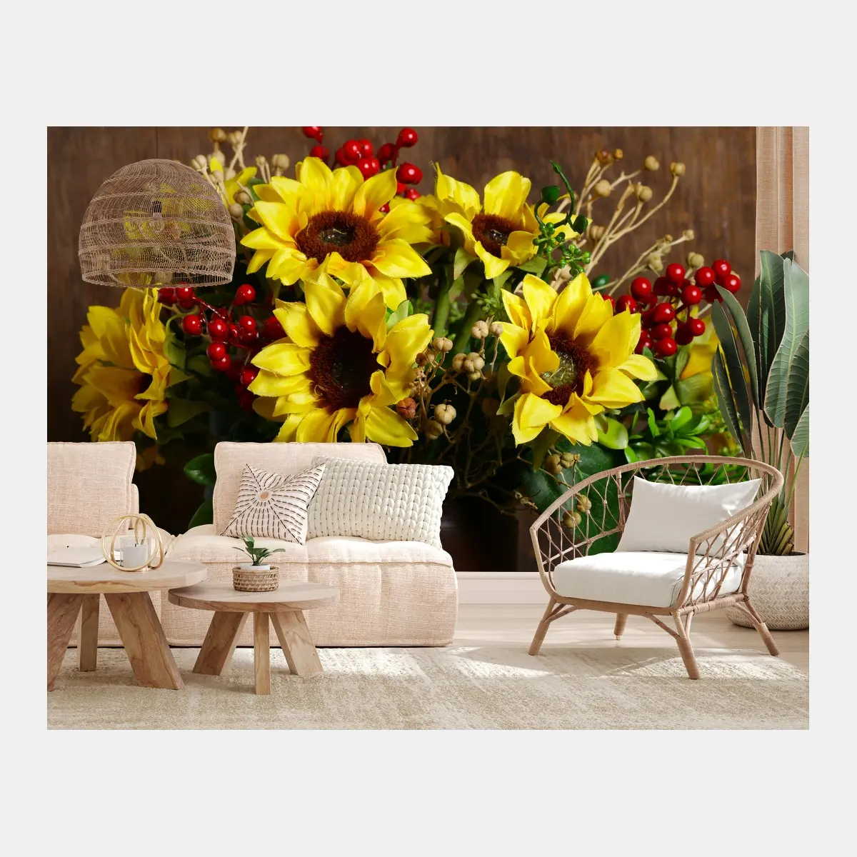 Fototapete herbstlicher sonnenblumenstrauß vor holzhintergrund – Pixers®