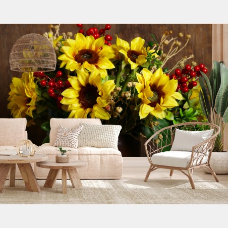 Fototapete herbstlicher sonnenblumenstrauß vor holzhintergrund – Pixers®