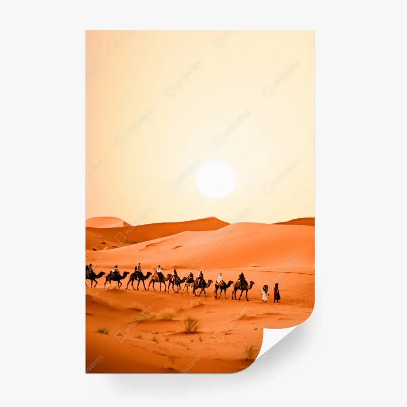 Fototapete karawane von kamelen in der wüste bei sonnenuntergang