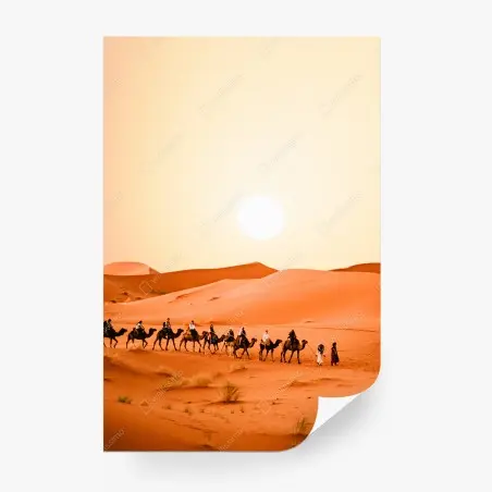 Fototapete karawane von kamelen in der wüste bei sonnenuntergang – Pixers®