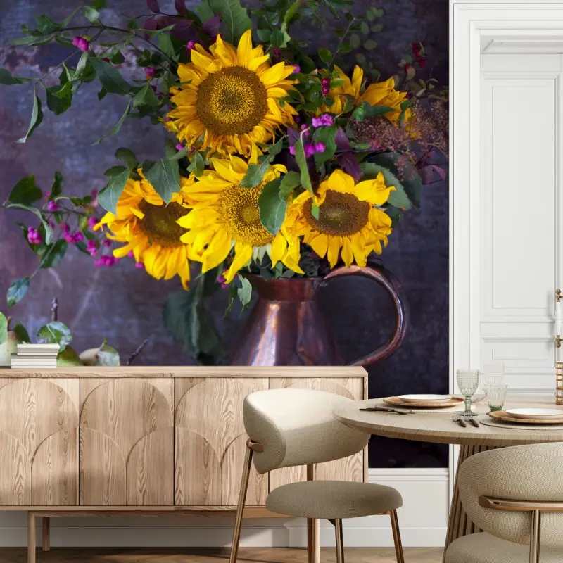 Fototapete sonnenblumen und birnen stilleben