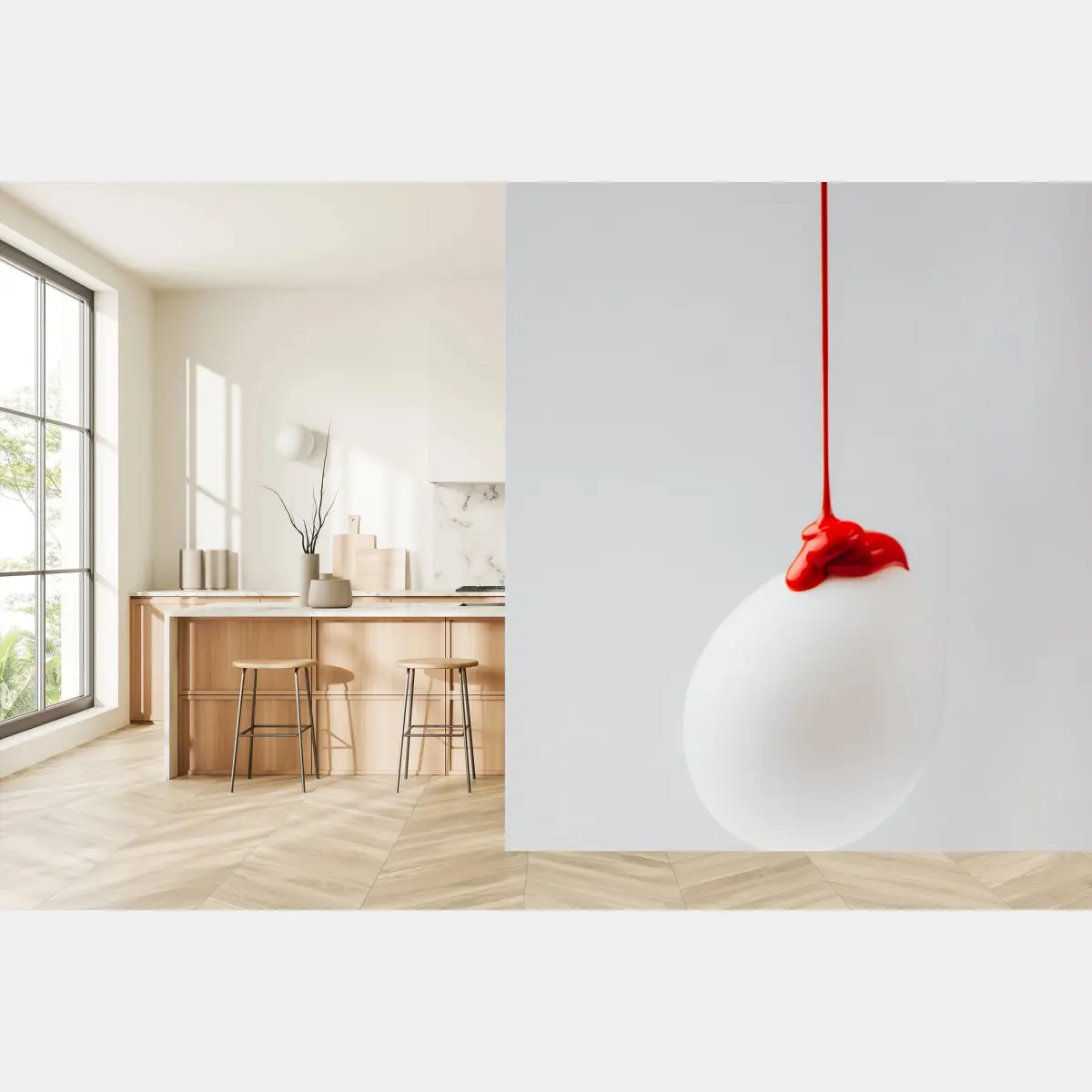 Fototapete rote farbtröpfchen auf weißem ei – Pixers®