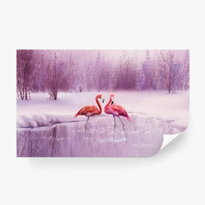 Fototapete pastell flamingos über winterlichem see