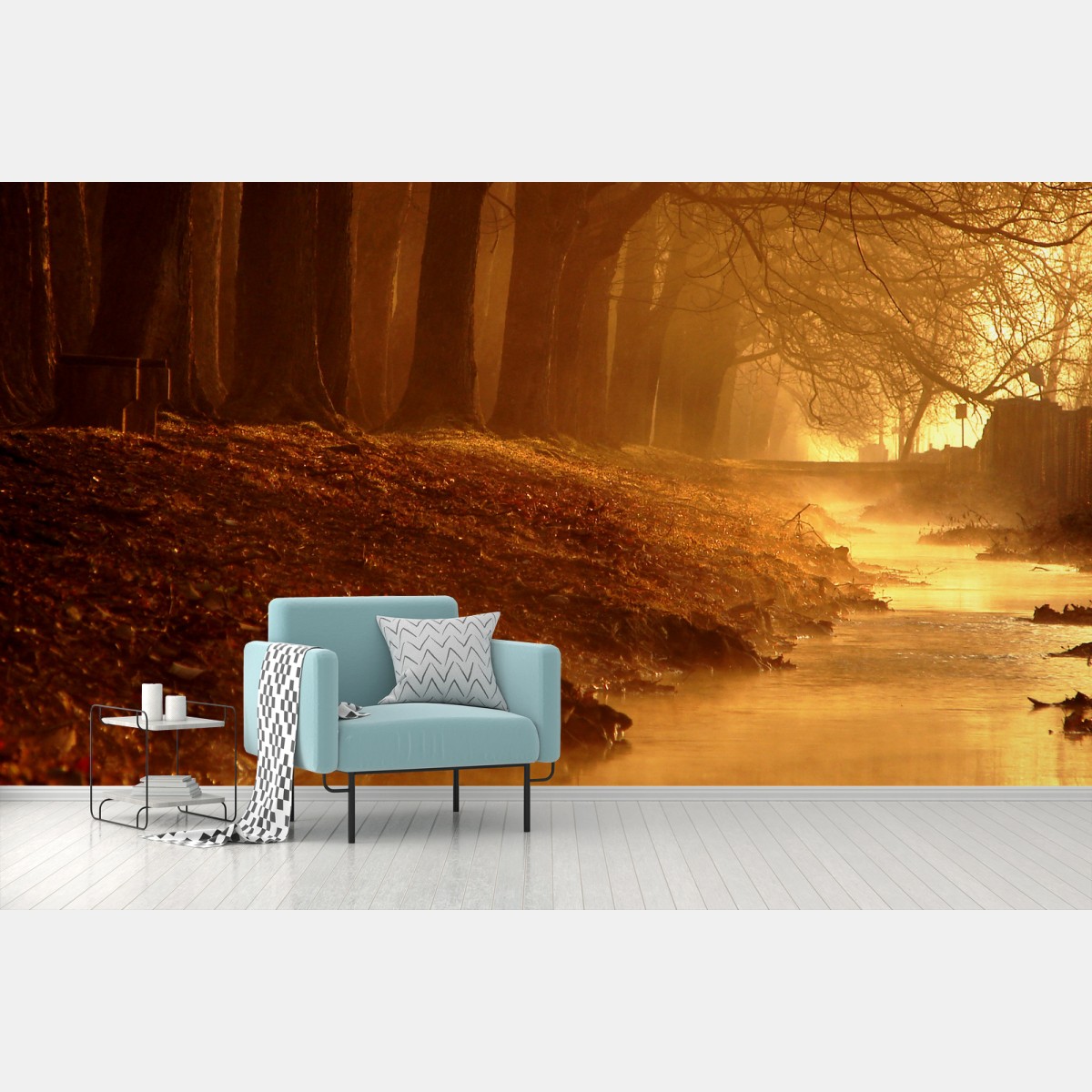 Fototapete goldener bach im nebligen wald am morgen – Pixers®