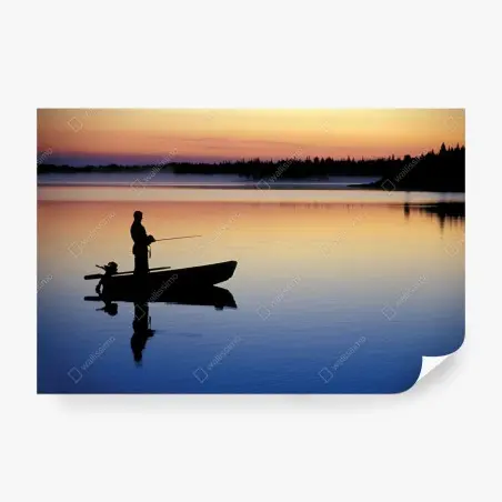 Fototapete silhouette eines anglers auf einem ruhigen see bei sonnenuntergang – Pixers®