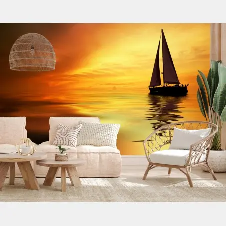 Fototapete segelboot bei goldenem sonnenuntergang – Pixers®