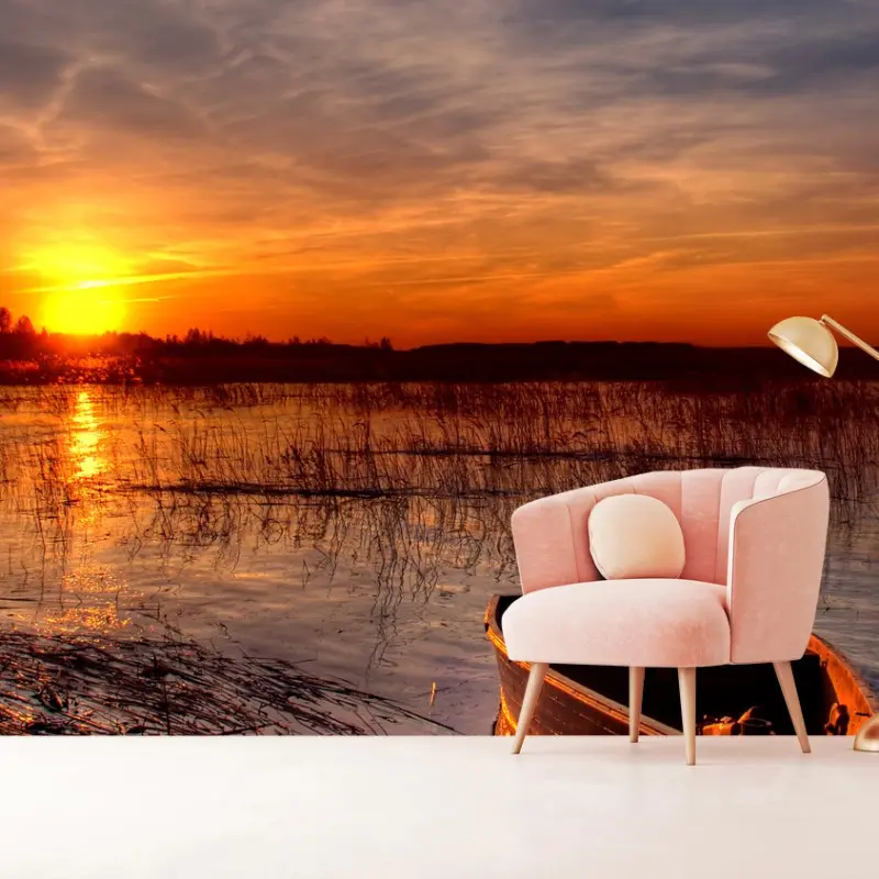 Fototapete boot bei sonnenuntergang am see