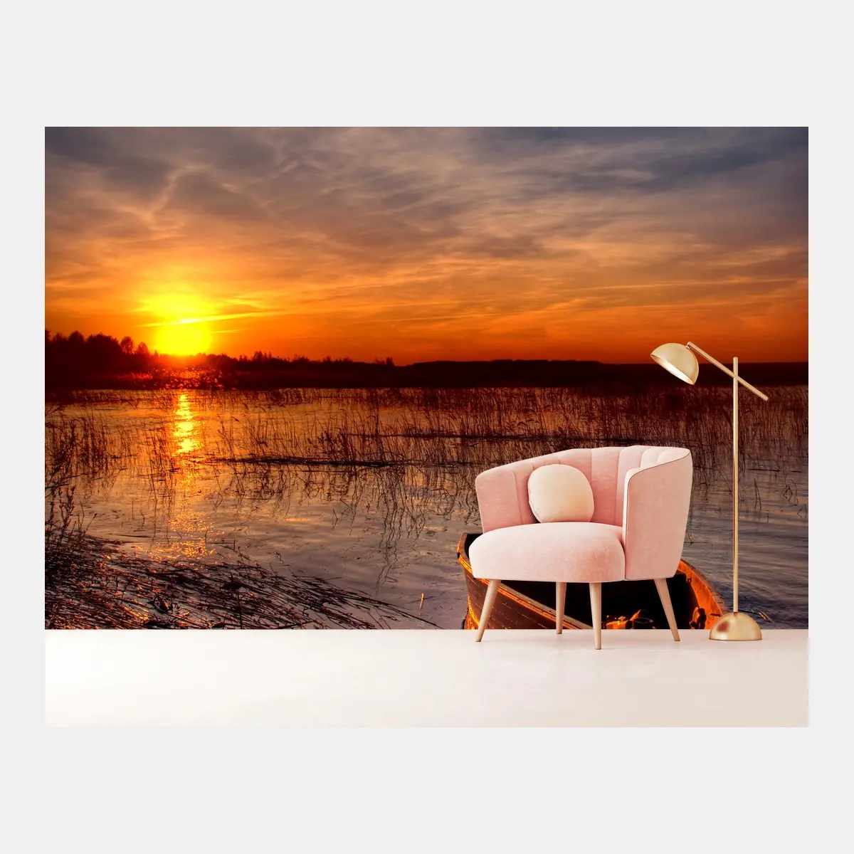 Fototapete boot bei sonnenuntergang am see – Pixers®