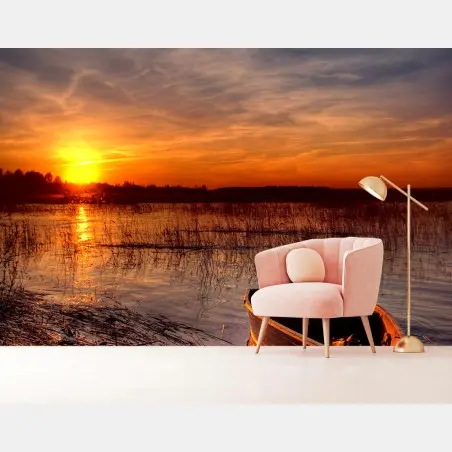 Fototapete boot bei sonnenuntergang am see – Pixers®
