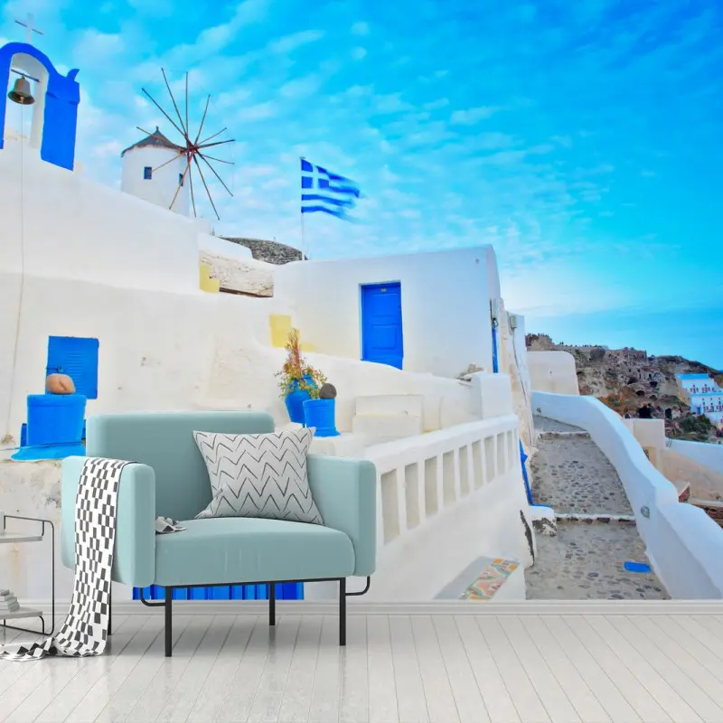 Fototapete Santorini weiße häuser und blaue türen