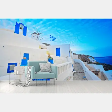 Fototapete Santorini weiße häuser und blaue türen – Pixers®