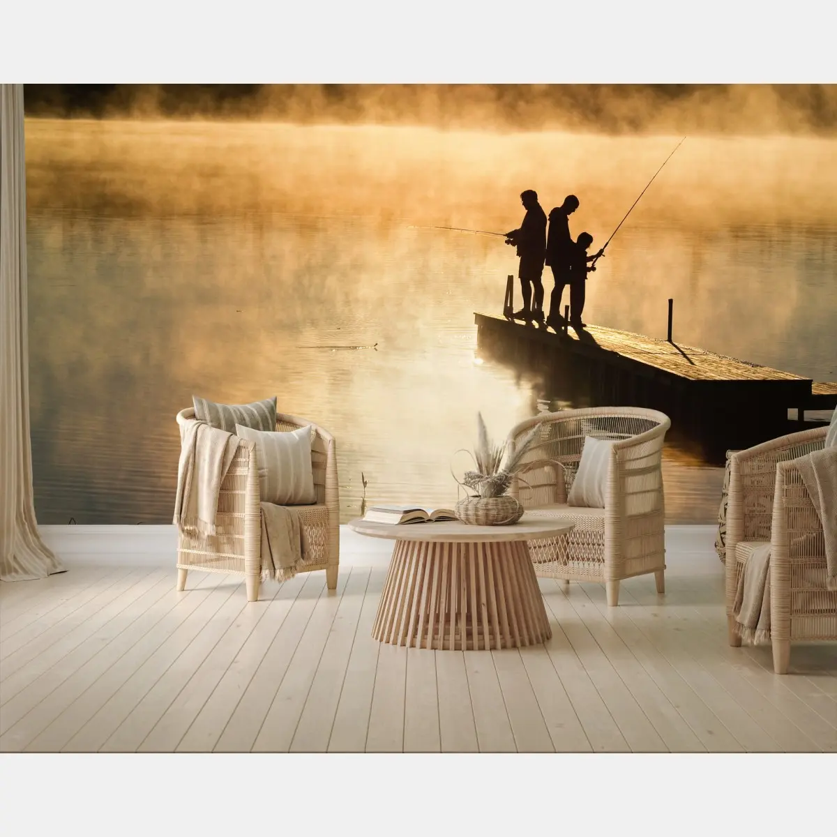 Fototapete goldener morgen am see beim angeln – Pixers®