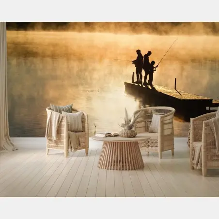 Fototapete goldener morgen am see beim angeln – Pixers®