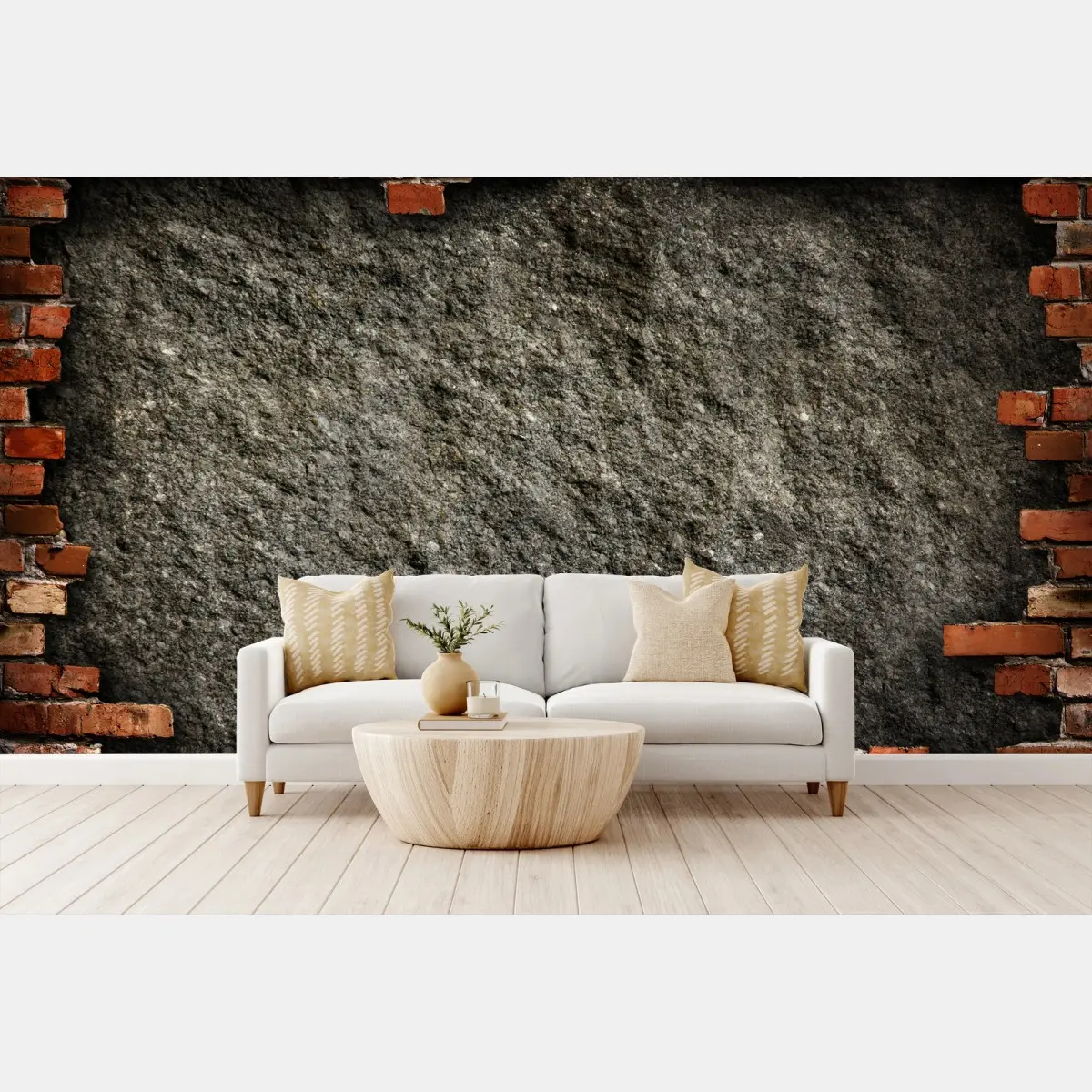 Fototapete raue betonwand mit rotem ziegelrahmen – Pixers®