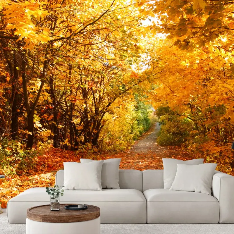 Fototapete goldener herbstweg durch die bäume