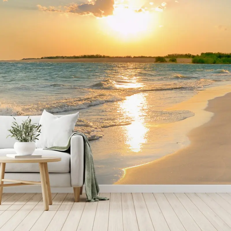 Fototapete sonnenbeschienener strand bei sonnenuntergang