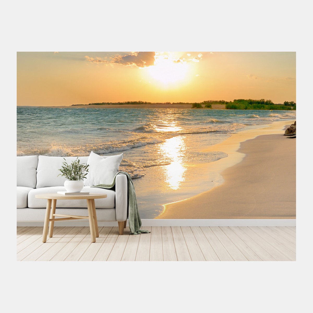 Fototapete sonnenbeschienener strand bei sonnenuntergang – Pixers®