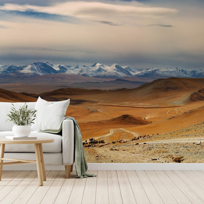 Fototapete weite mongolische steppe mit nomaden und rinderherde