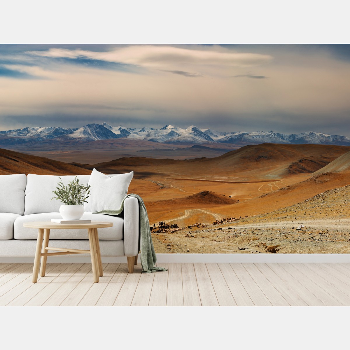 Fototapete weite mongolische steppe mit nomaden und rinderherde – Pixers®