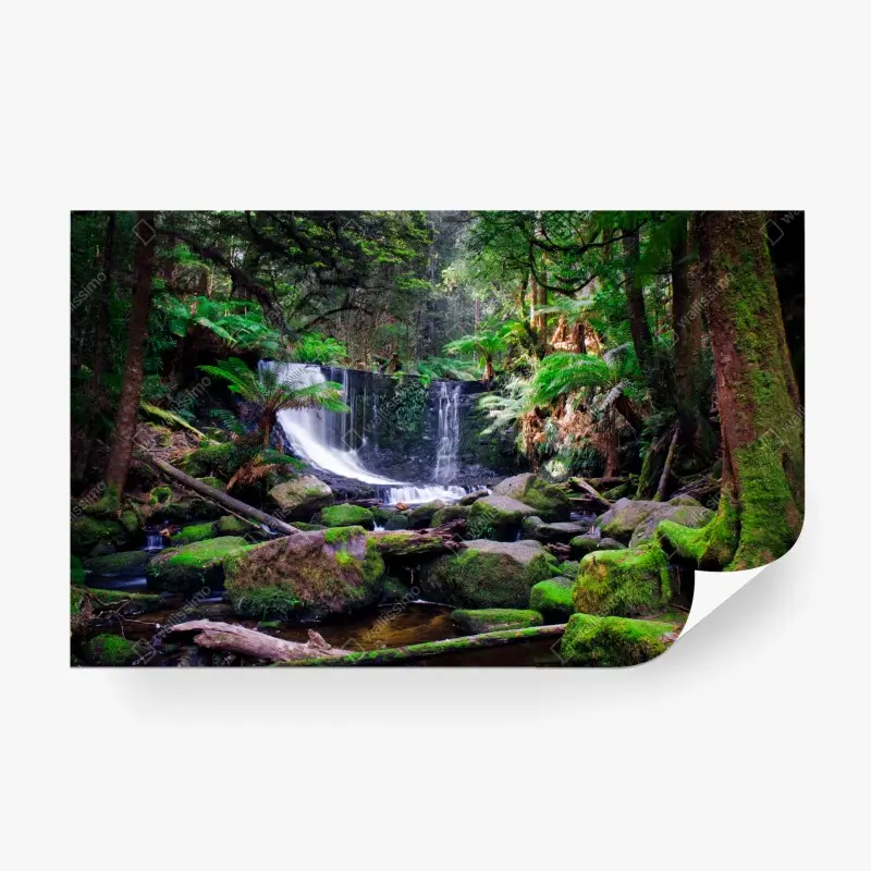 Fototapete moosbedeckter wasserfall im üppigen wald