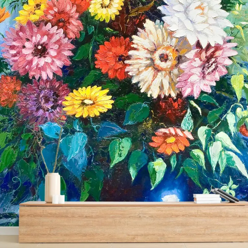 Fototapete lebendiger wildblumenstrauß in blauer vase