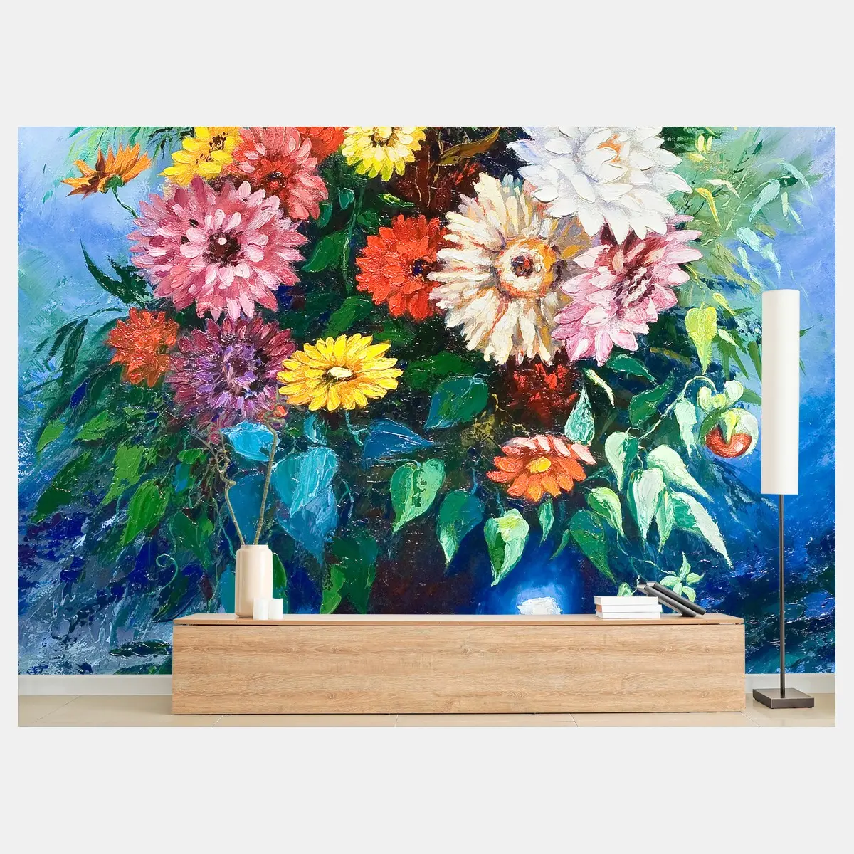 Fototapete lebendiger wildblumenstrauß in blauer vase – Pixers®