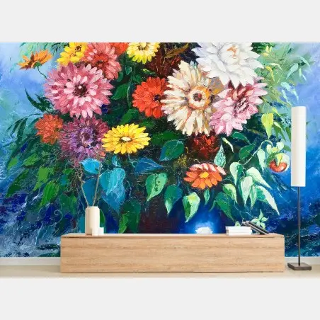 Fototapete lebendiger wildblumenstrauß in blauer vase – Pixers®