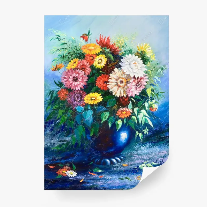 Fototapete lebendiger wildblumenstrauß in blauer vase