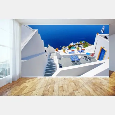 Fototapete Santorini weiße terrassen über dem tiefblauen meer – Pixers®