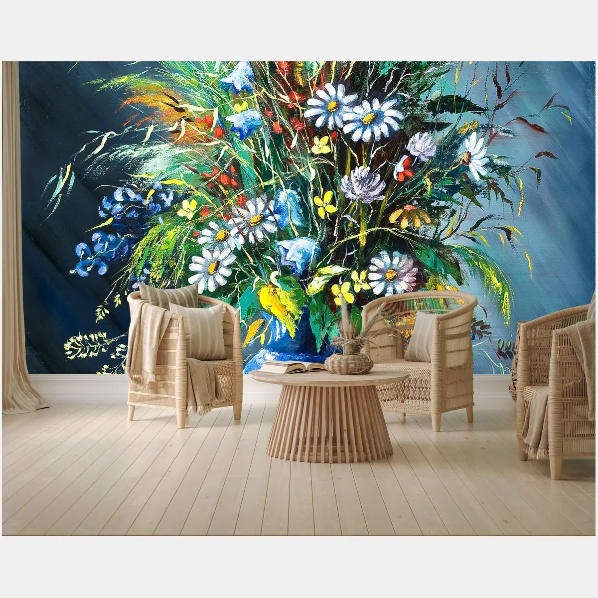 Fototapete strauß wilder blumen in blauer vase – Pixers®