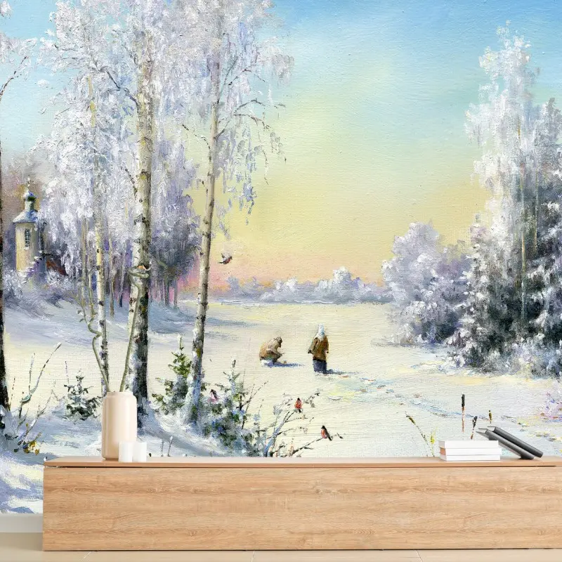 Fototapete wintermorgen am zugefrorenen see