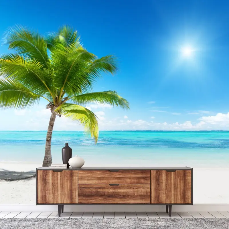 Fototapete tropische palme am türkisfarbenen strand