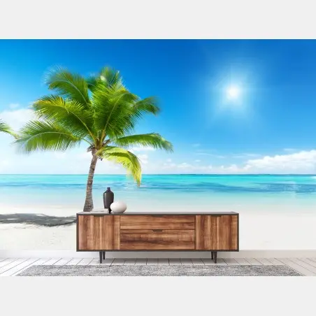 Fototapete tropische palme am türkisfarbenen strand – Pixers®