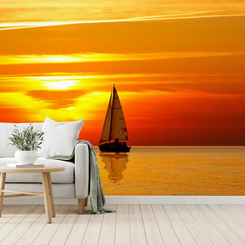 Fototapete goldener sonnenuntergang mit segelboot