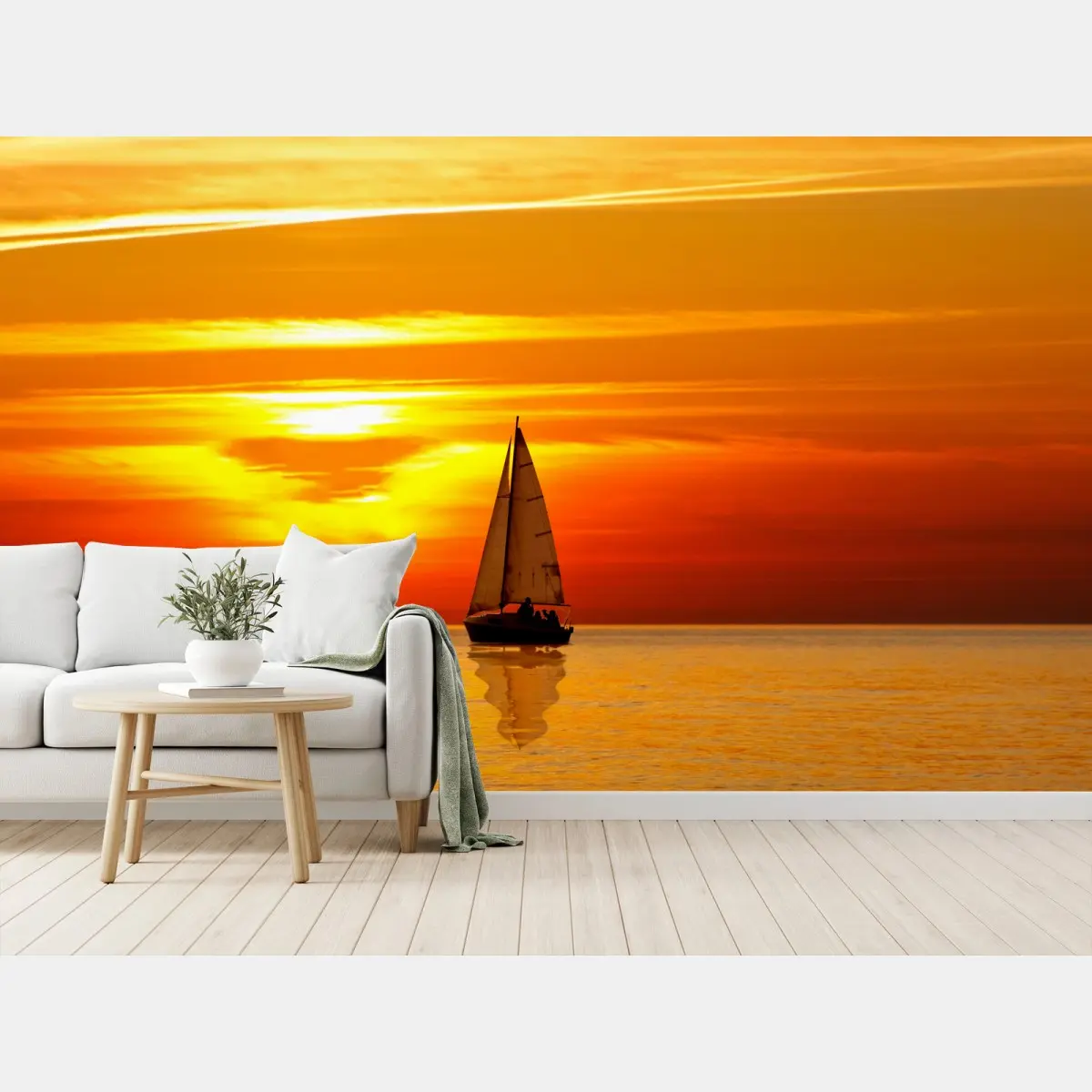 Fototapete goldener sonnenuntergang mit segelboot – Pixers®