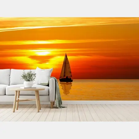Fototapete goldener sonnenuntergang mit segelboot – Pixers®