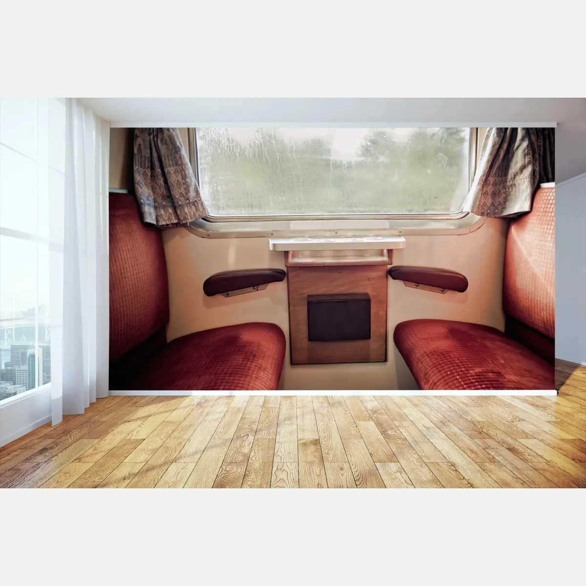 Fototapete vintage zugabteil mit regennassem fenster – Pixers®