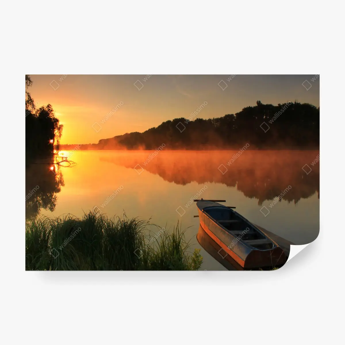 Fototapete nebliger sonnenaufgang am see mit boot – Pixers®