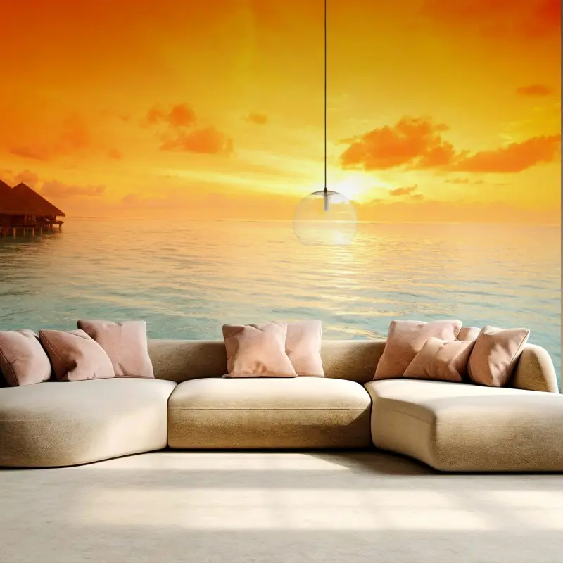 Fototapete goldener sonnenuntergang über tropischen bungalows auf dem wasser