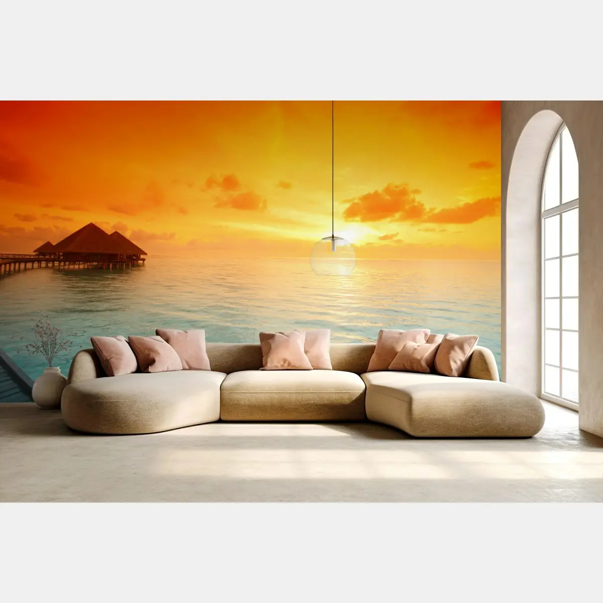 Fototapete goldener sonnenuntergang über tropischen bungalows auf dem wasser – Pixers®