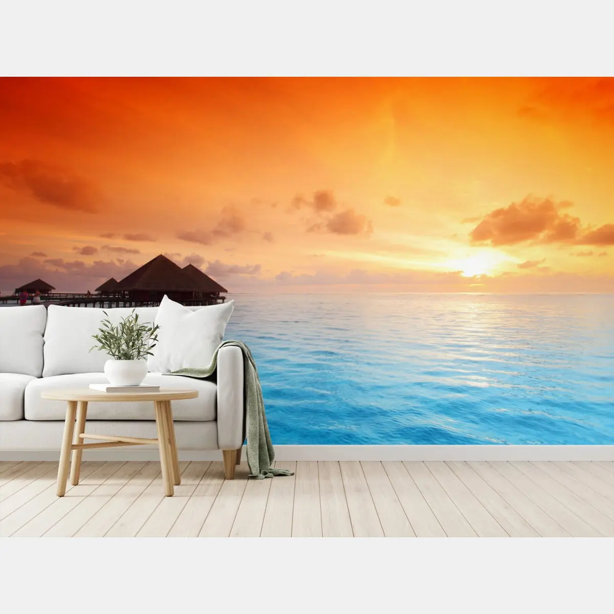 Fototapete sonnenuntergang über türkisblauem meer und bungalows über wasser – Pixers®