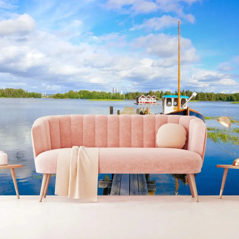 Fototapete friedliche seenlandschaft mit boot am steg