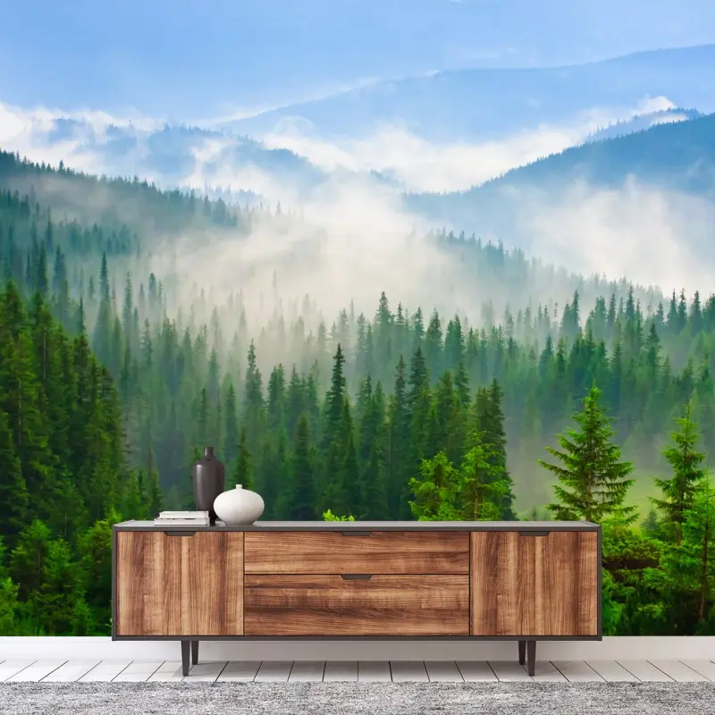 Fototapete nebel über grünen bergen der Karpaten
