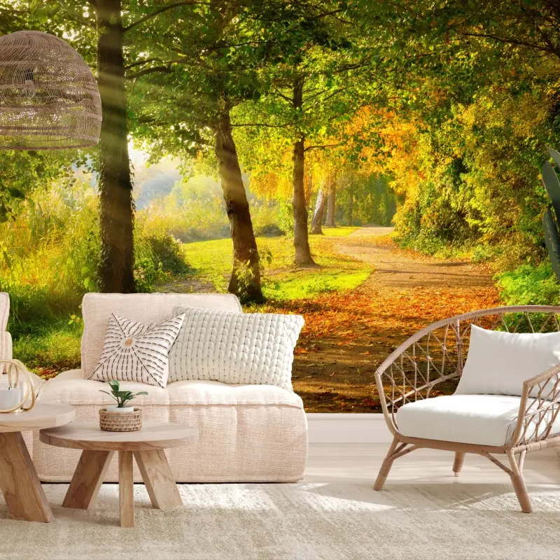 Fototapete herbstlicher parkweg im goldenen sonnenlicht